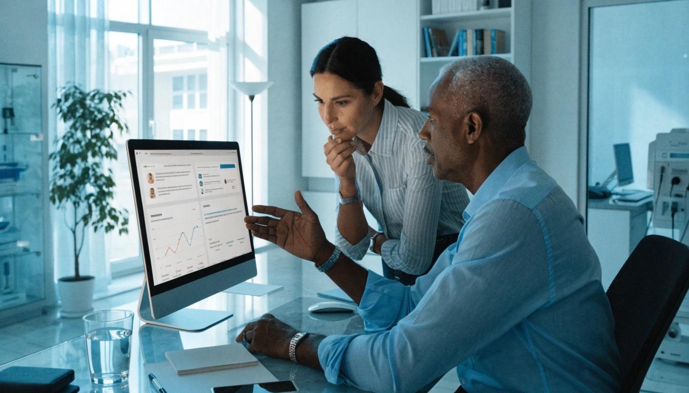 A marketing manager and clinic director analyzing online reputation data on a computer screen.