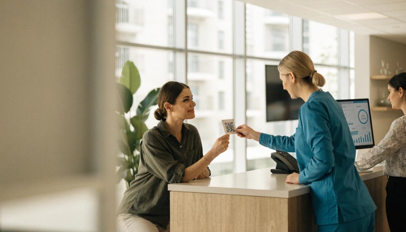 A clinic receptionist handing a review QR code card to a patient at a modern front desk.