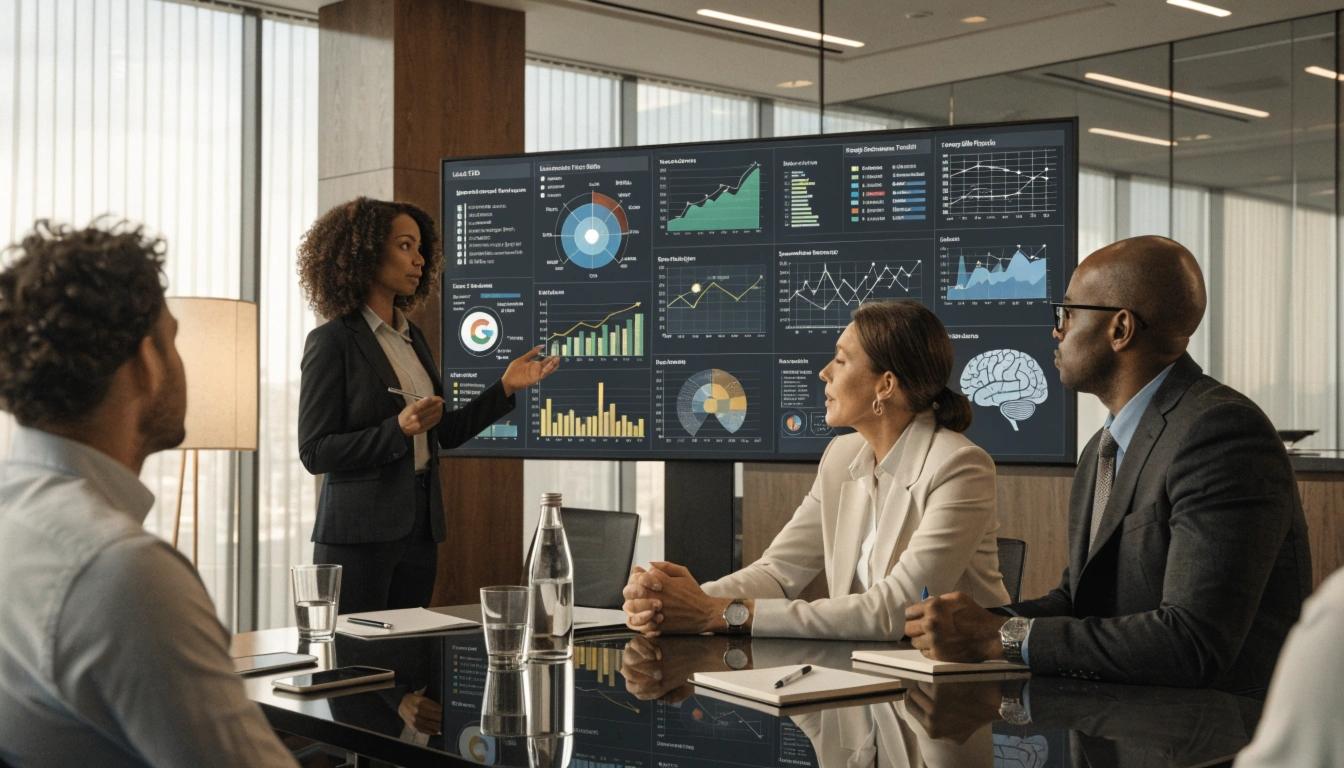 Healthcare executives reviewing marketing analytics dashboards during a strategic meeting.